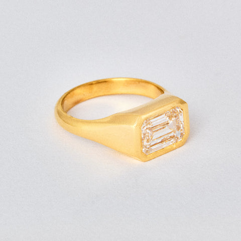 Emerald Diamond Signet Solitaire Engagement Ring