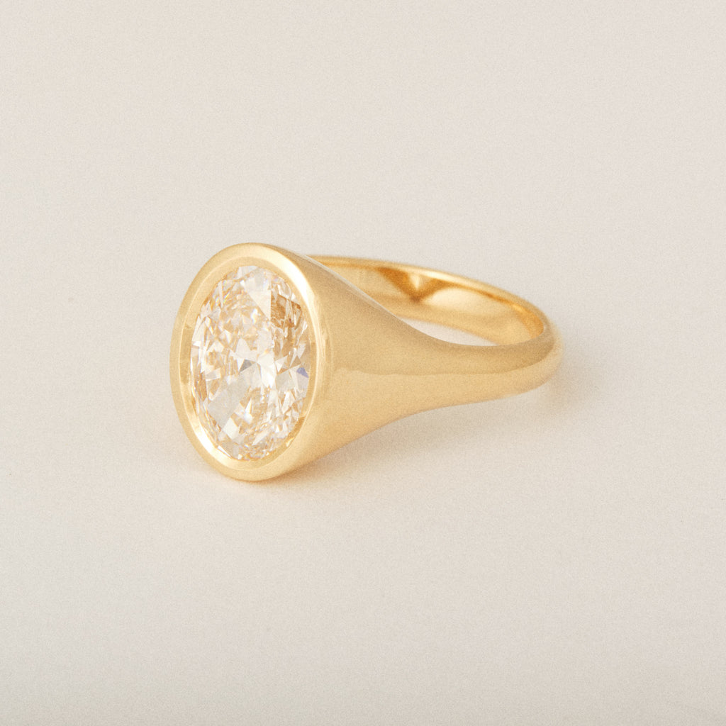 North South Oval Diamond Custom Signet Engagement Ring and Wedding Band Ste