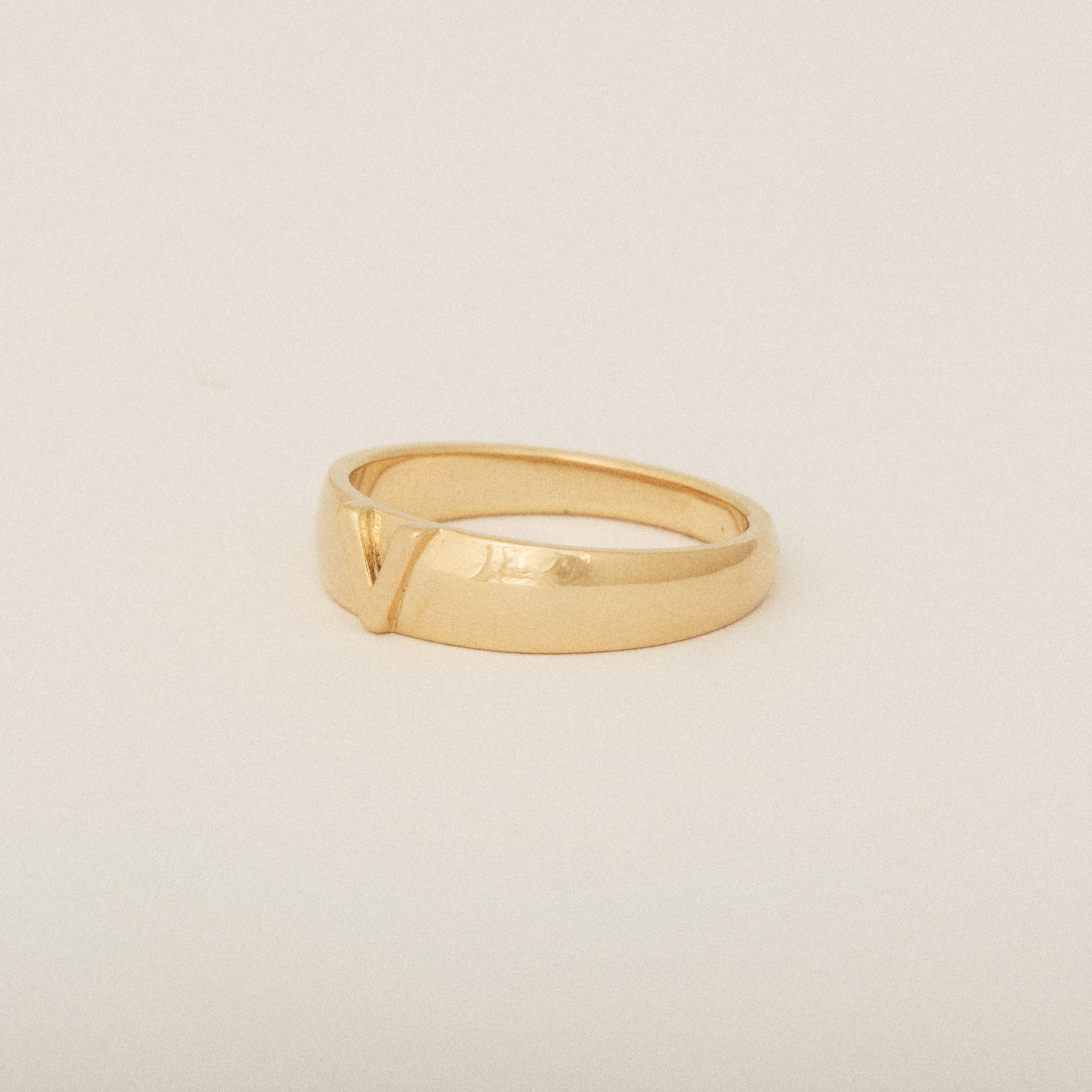 Tapered Dome V Letter Ring in 14k Yellow Gold