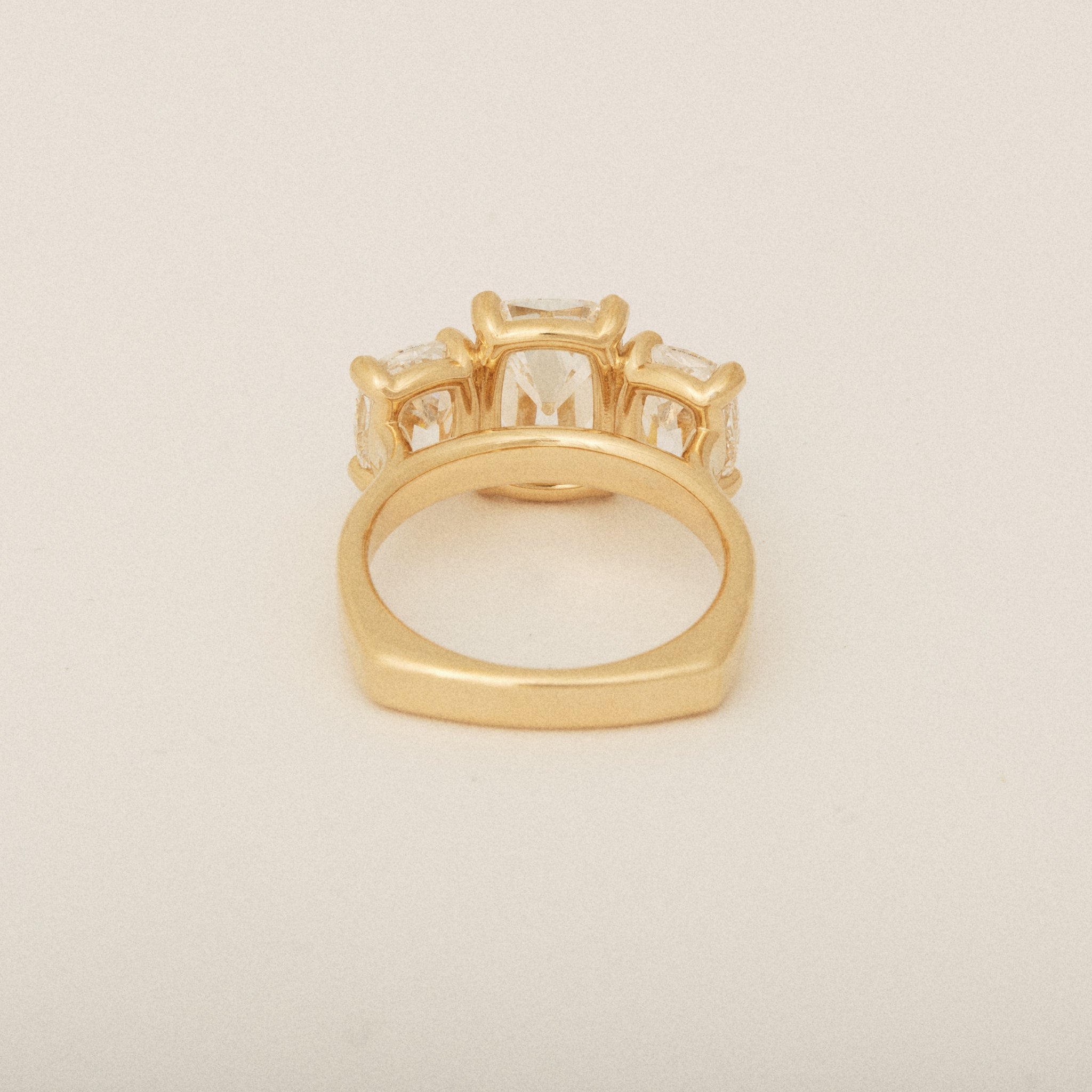 Elongated Old Mine Cut Three Diamond Engagement Ring with a Euro Shank
