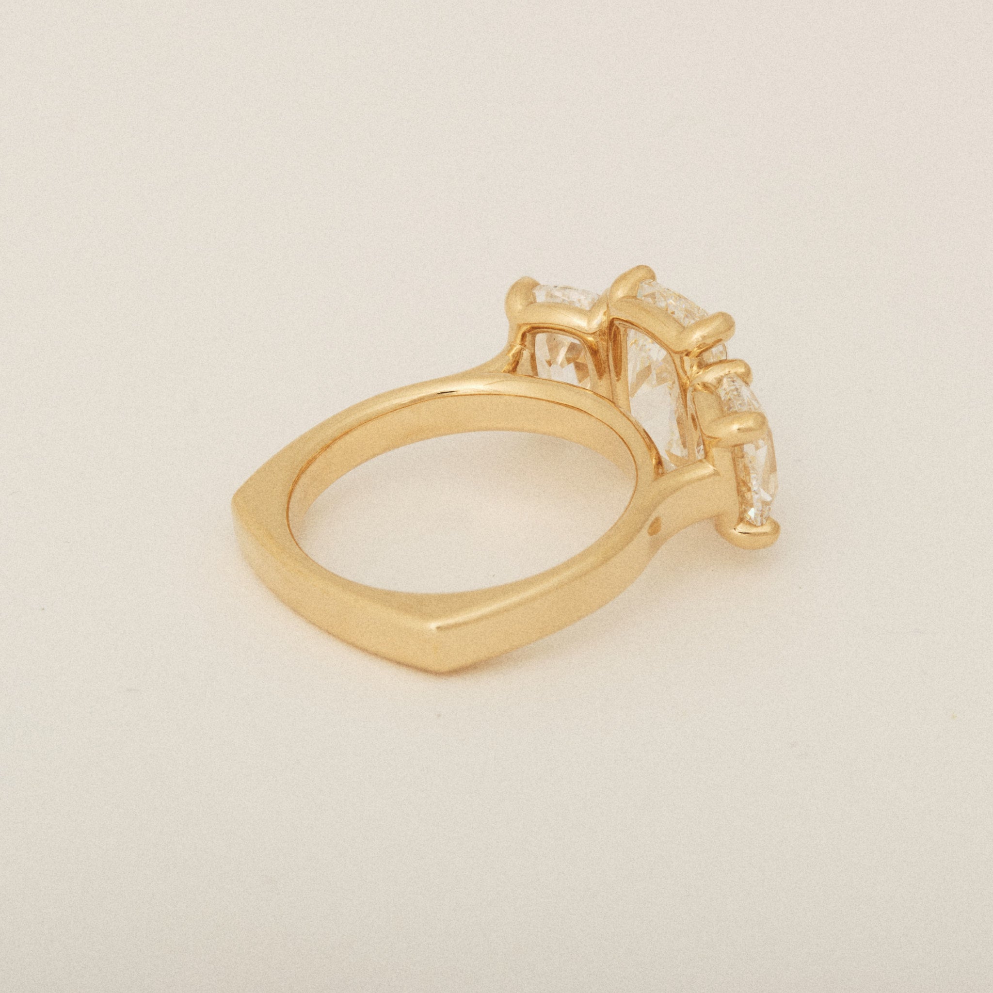 Elongated Old Mine Cut Three Diamond Engagement Ring with a Euro Shank