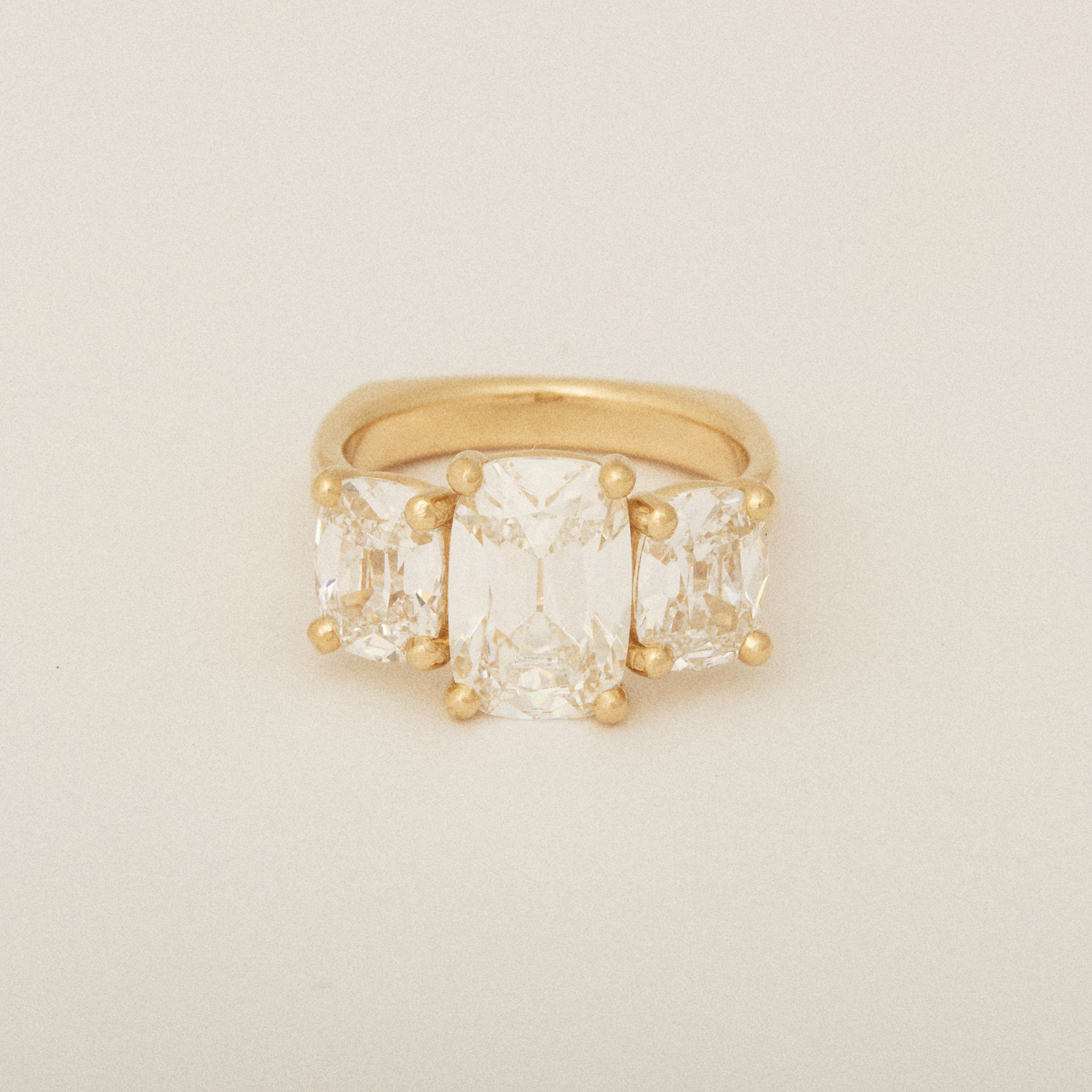 Elongated Old Mine Cut Three Diamond Engagement Ring with a Euro Shank