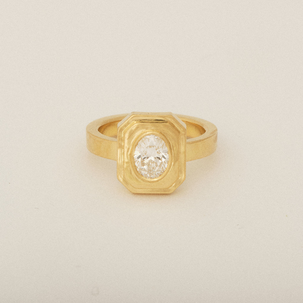 Heirloom Oval Diamond Rest in a Double Step 18k Yellow Engagement Ring