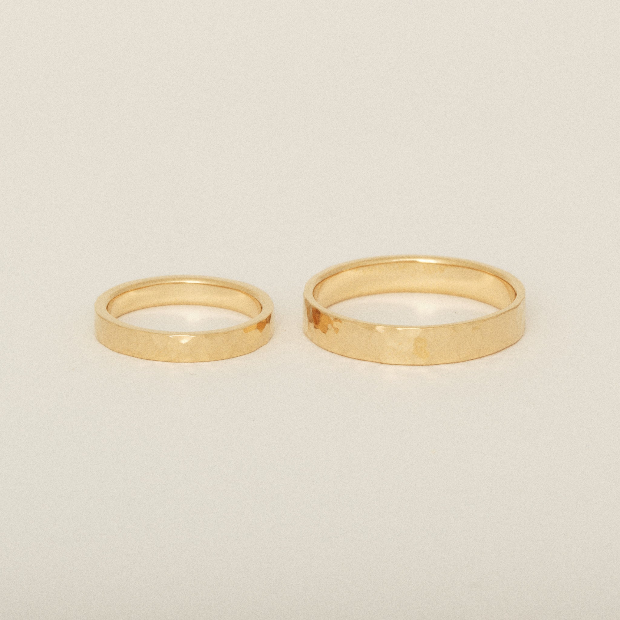 Hammered Flat 14k Yellow Gold Wedding Band Set