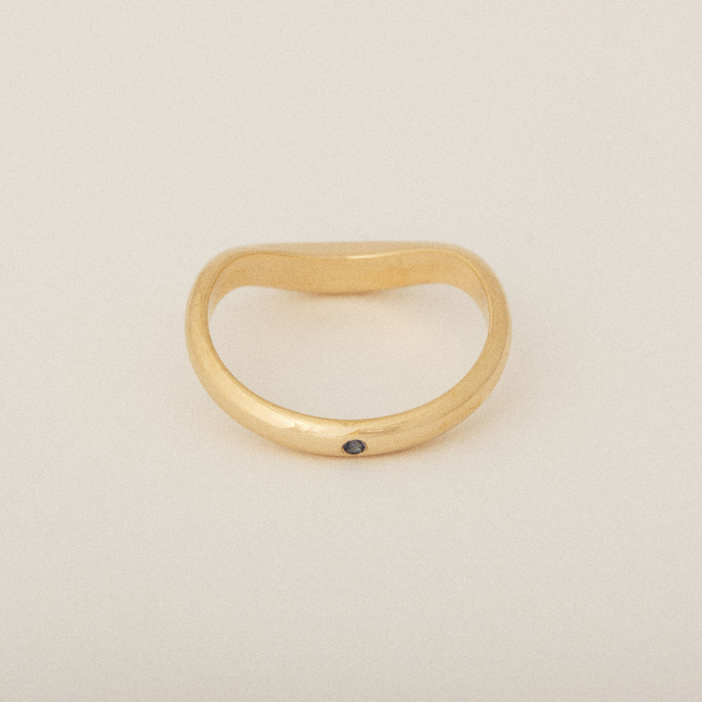 Smushed Nesting with Blue Sapphire Flush Set Exterior 14k Yellow Gold Wedding Band