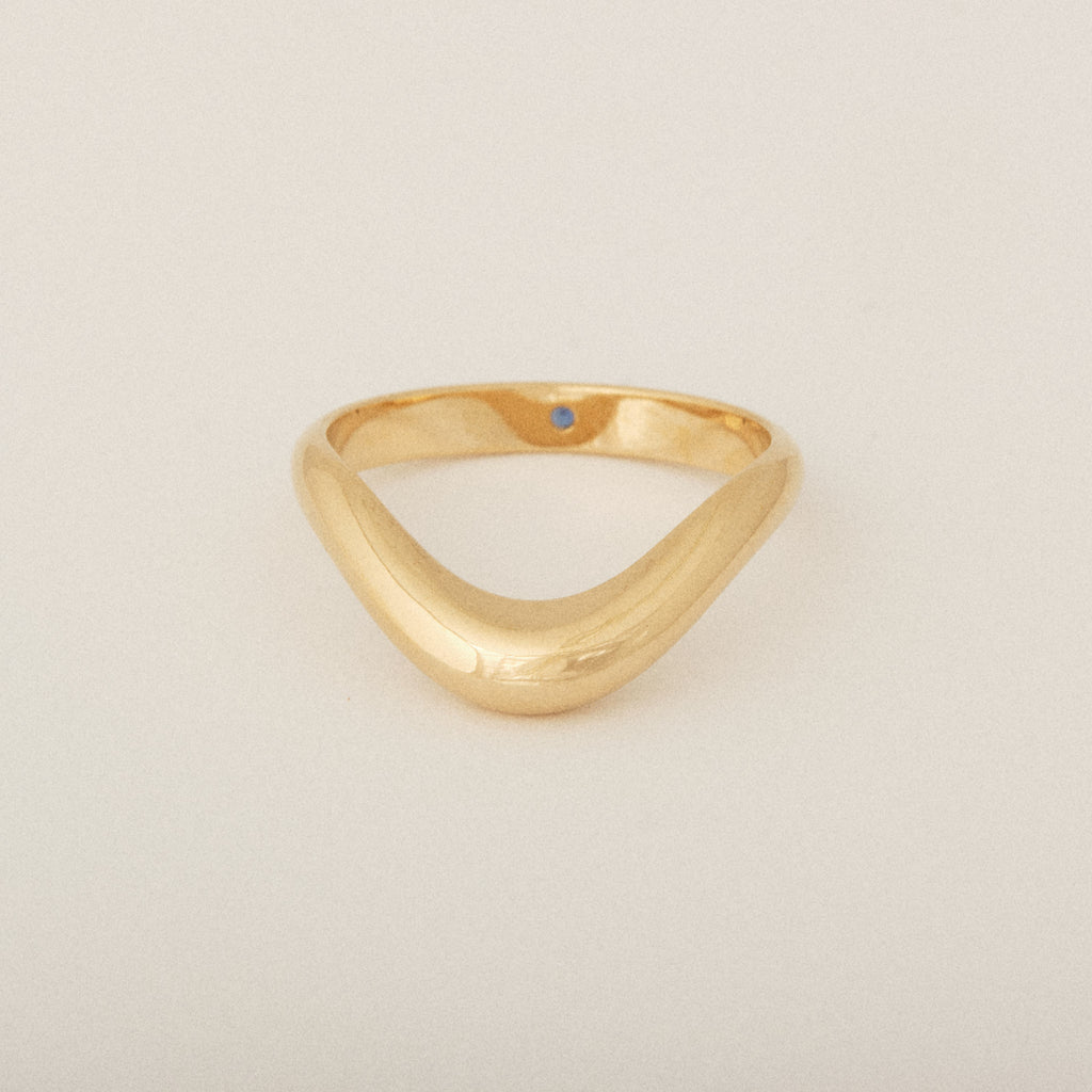 Smushed Nesting with Blue Sapphire Flush Set Exterior 14k Yellow Gold Wedding Band
