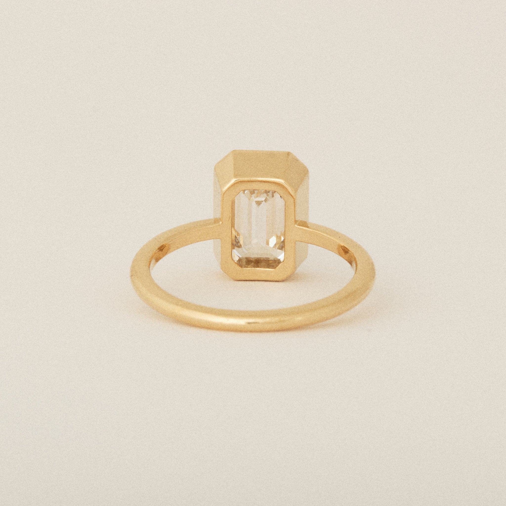 North South Emerald Cut Diamond Bezel Set Round Band 14k Yellow Gold Engagement Ring