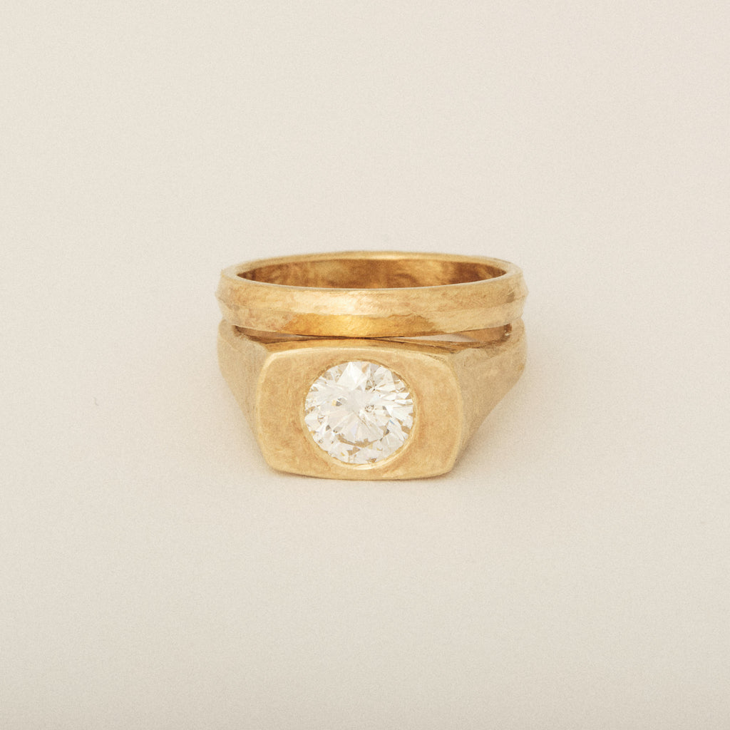 Round Heirloom Diamond 14k Yellow Gold Matte Finish Engagement Ring
