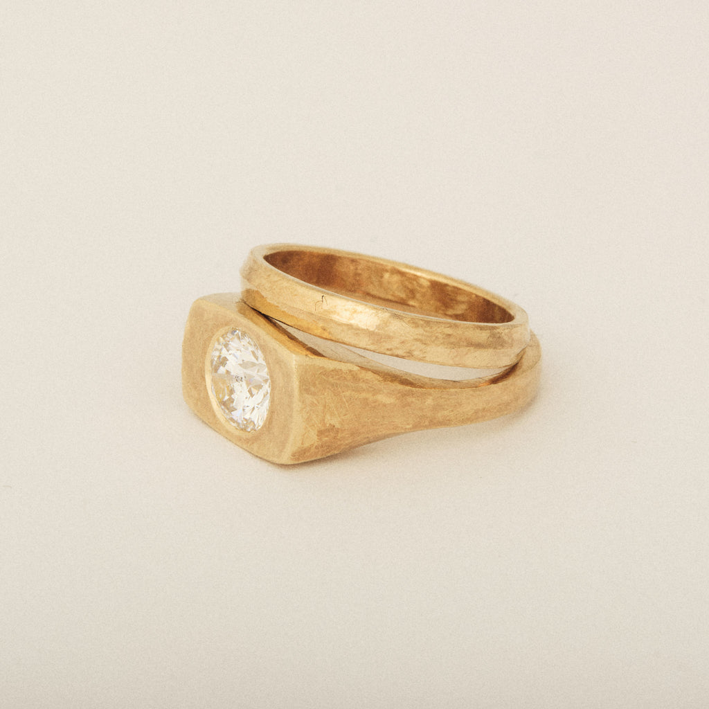 Round Heirloom Diamond 14k Yellow Gold Matte Finish Engagement Ring