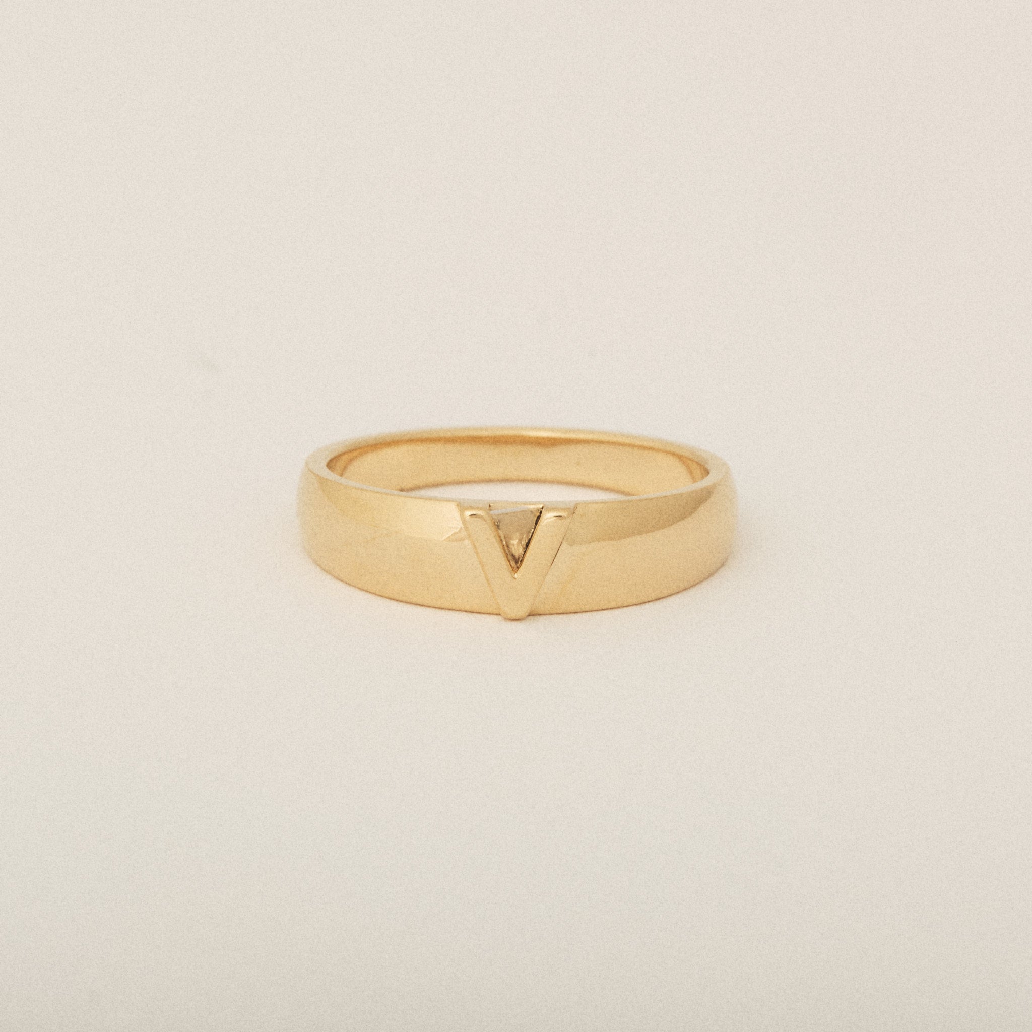 Tapered Dome V Letter Ring in 14k Yellow Gold