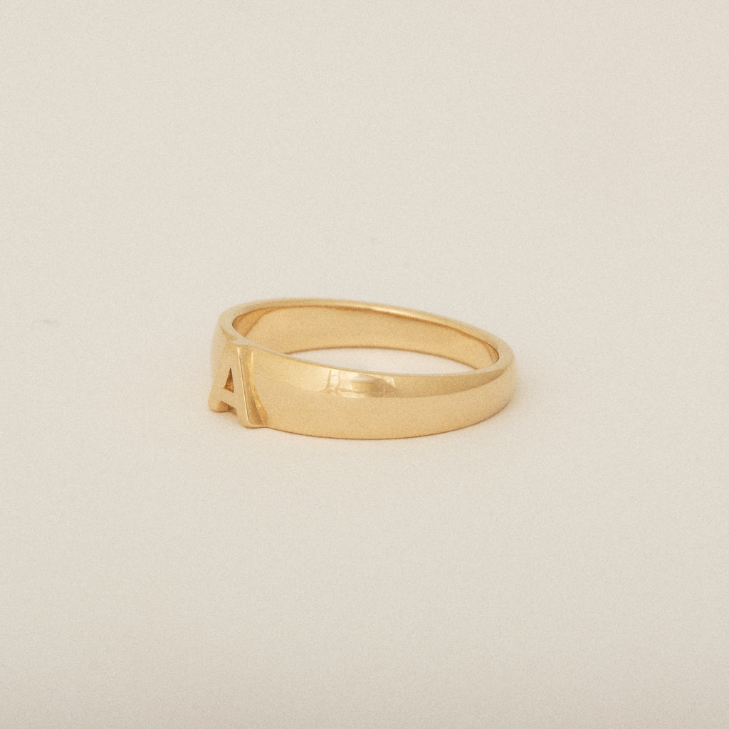 Tapered Dome A Letter Ring in 14k Yellow Gold