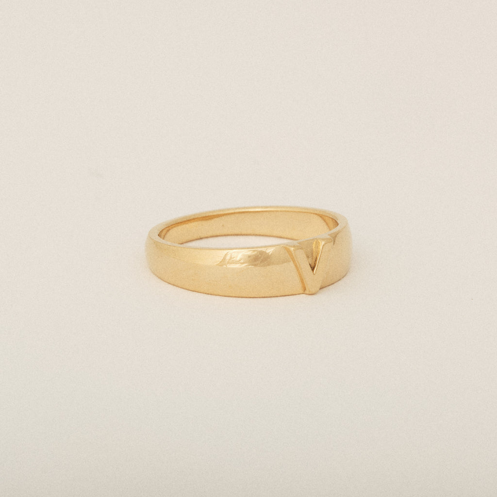 Tapered Dome V Letter Ring in 14k Yellow Gold