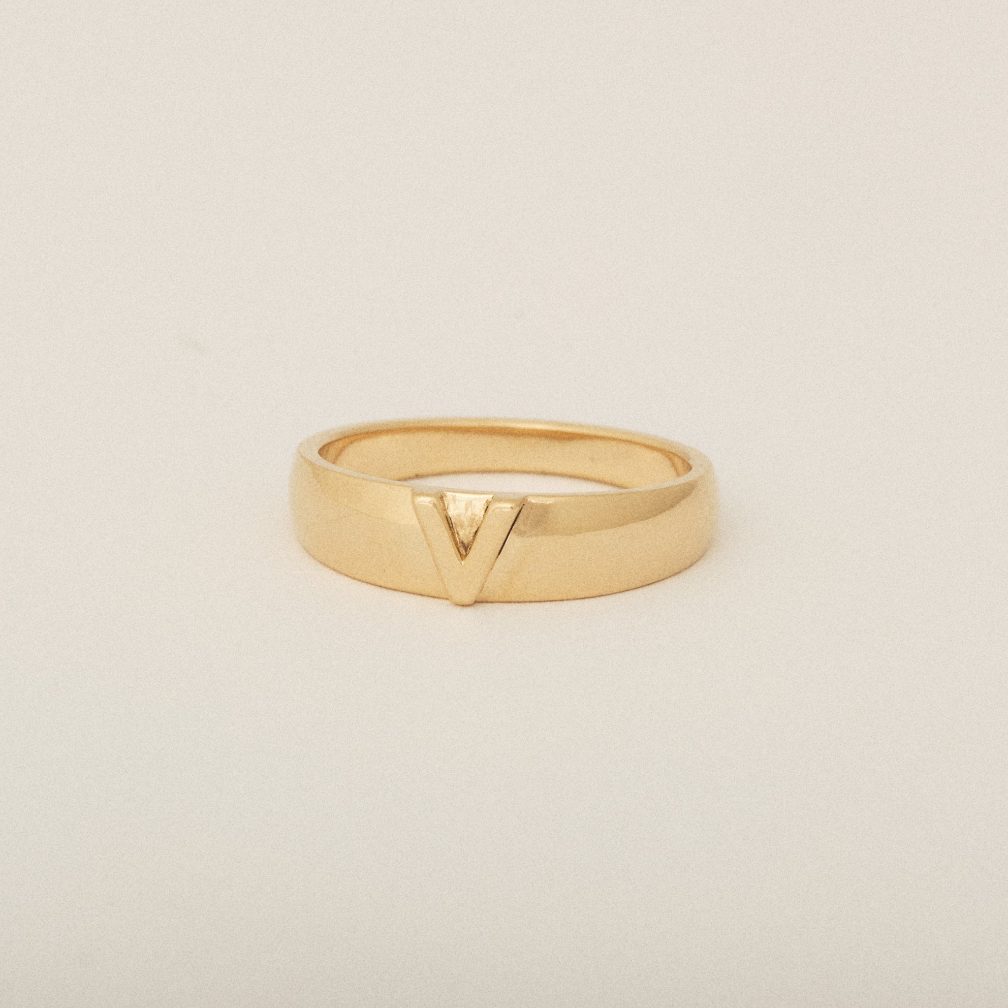 Tapered Dome V Letter Ring in 14k Yellow Gold
