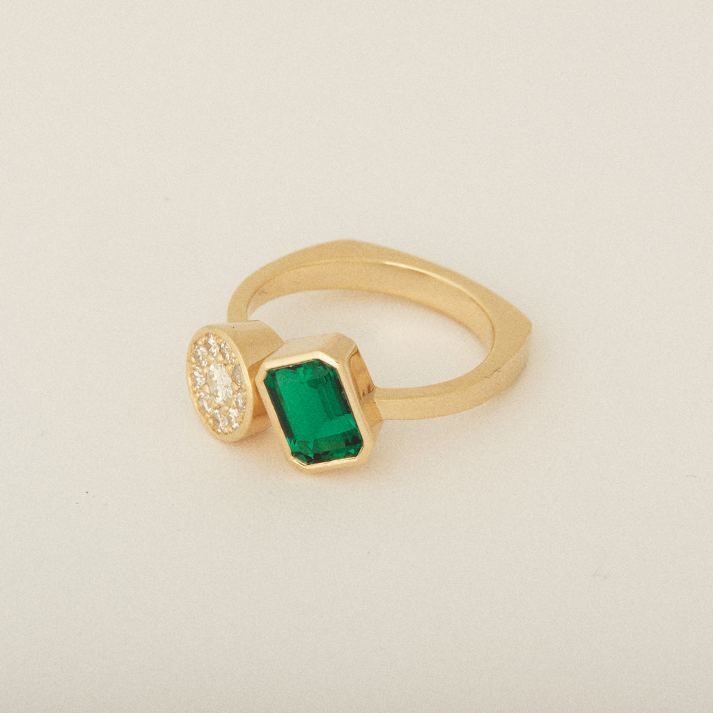 Toi Et Moi Heirloom Pave Diamonds and Emerald Cut Emerald Euro Shank Engagement Ring