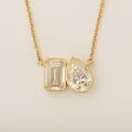 Toi Et Moi 2 Pear and Emerald Cut Diamonds Bezel Set Necklace Center in 14k Yellow Gold