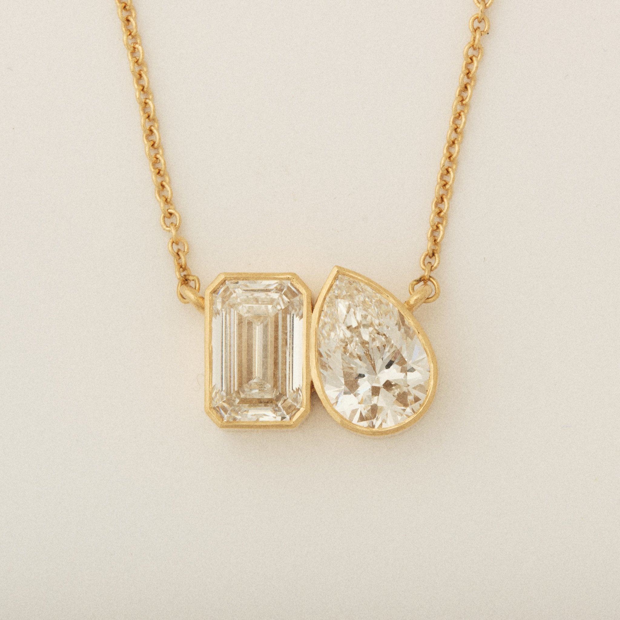 Toi Et Moi 2 Pear and Emerald Cut Diamonds Bezel Set Necklace Center in 14k Yellow Gold