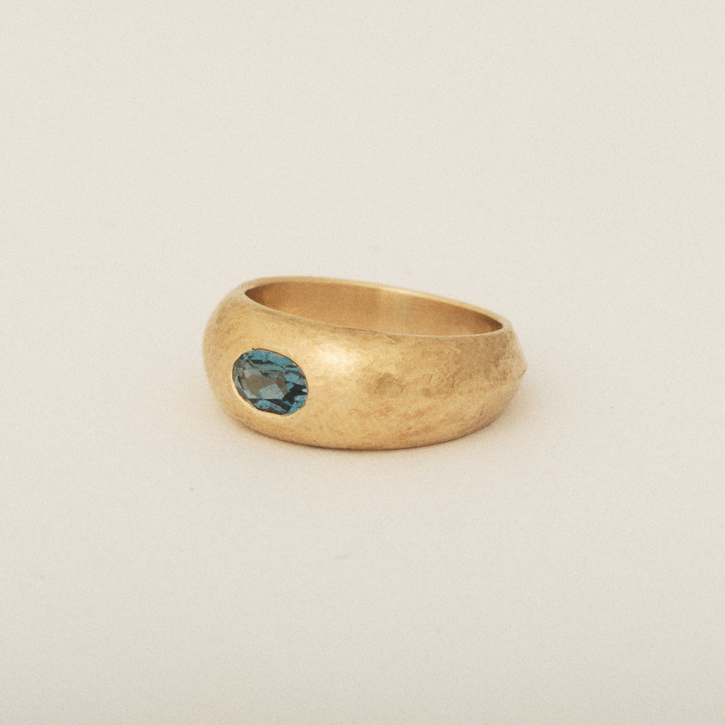 East West Oval Topaz Signet Tapered Dome Matte Ring 14k Yellow Gold Push Present Ring