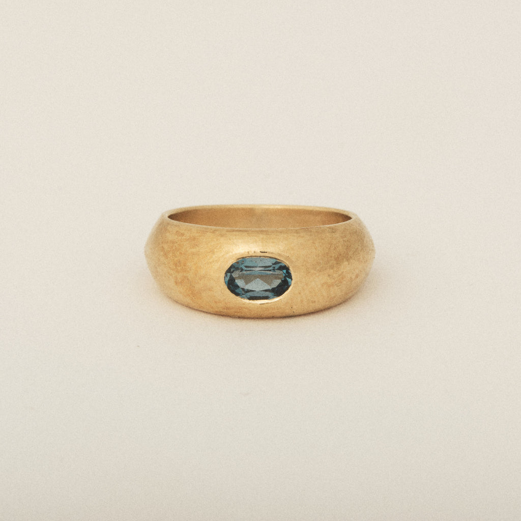 East West Oval Topaz Signet Tapered Dome Matte Ring 14k Yellow Gold Push Present Ring
