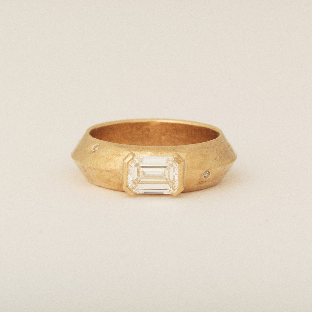 Unique Half Bezel East West Emerald Cut Diamond with Round Heirloom Diamond Sprinkled Knife's Edge Engagement Ring