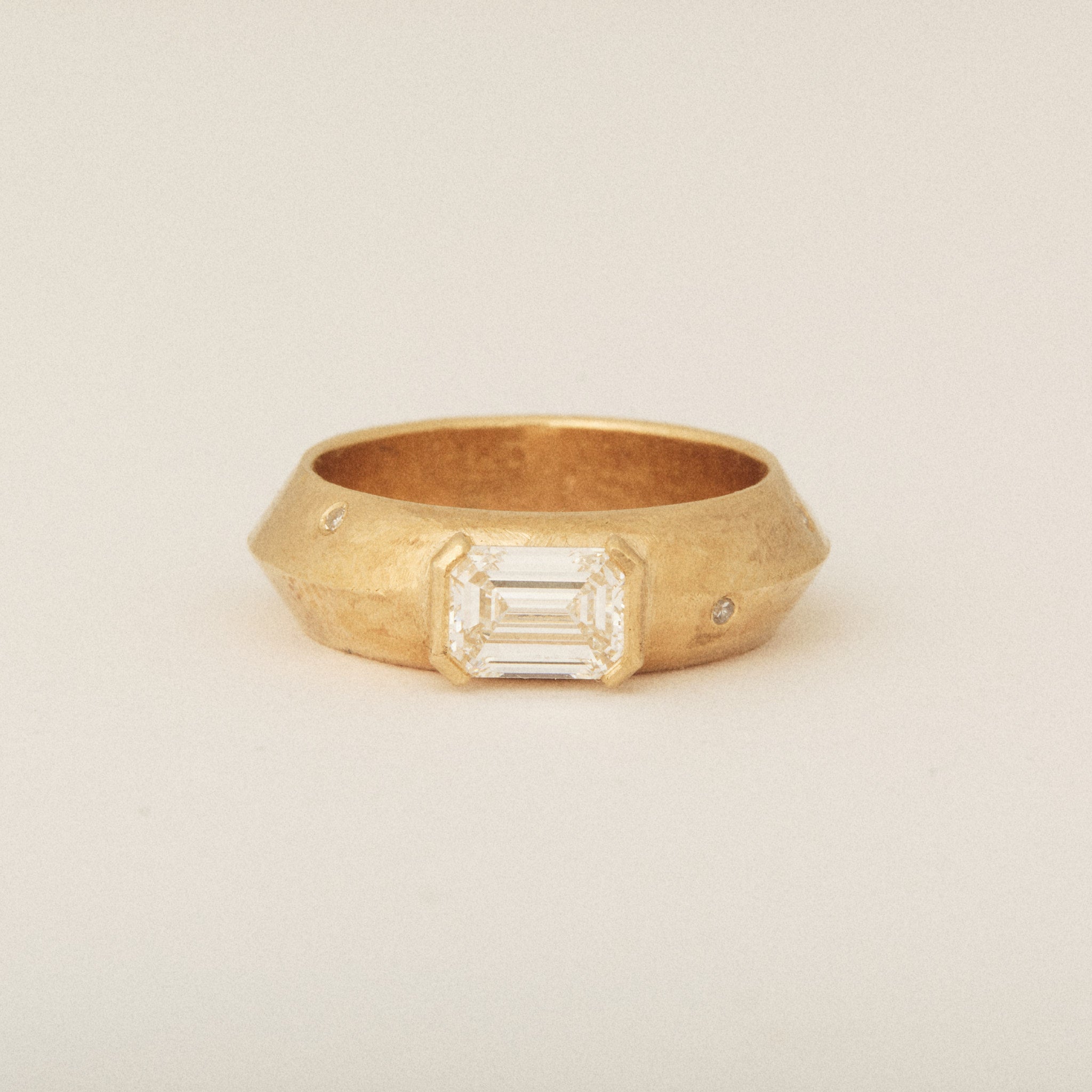 Unique Half Bezel East West Emerald Cut Diamond with Round Heirloom Diamond Sprinkled Knife's Edge Engagement Ring